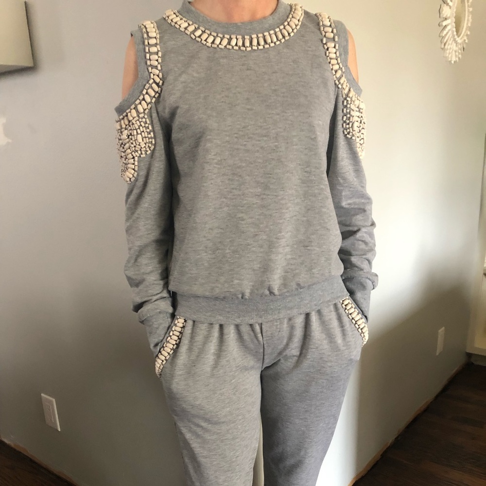 Two-piece Feature gray beaded sweat suit